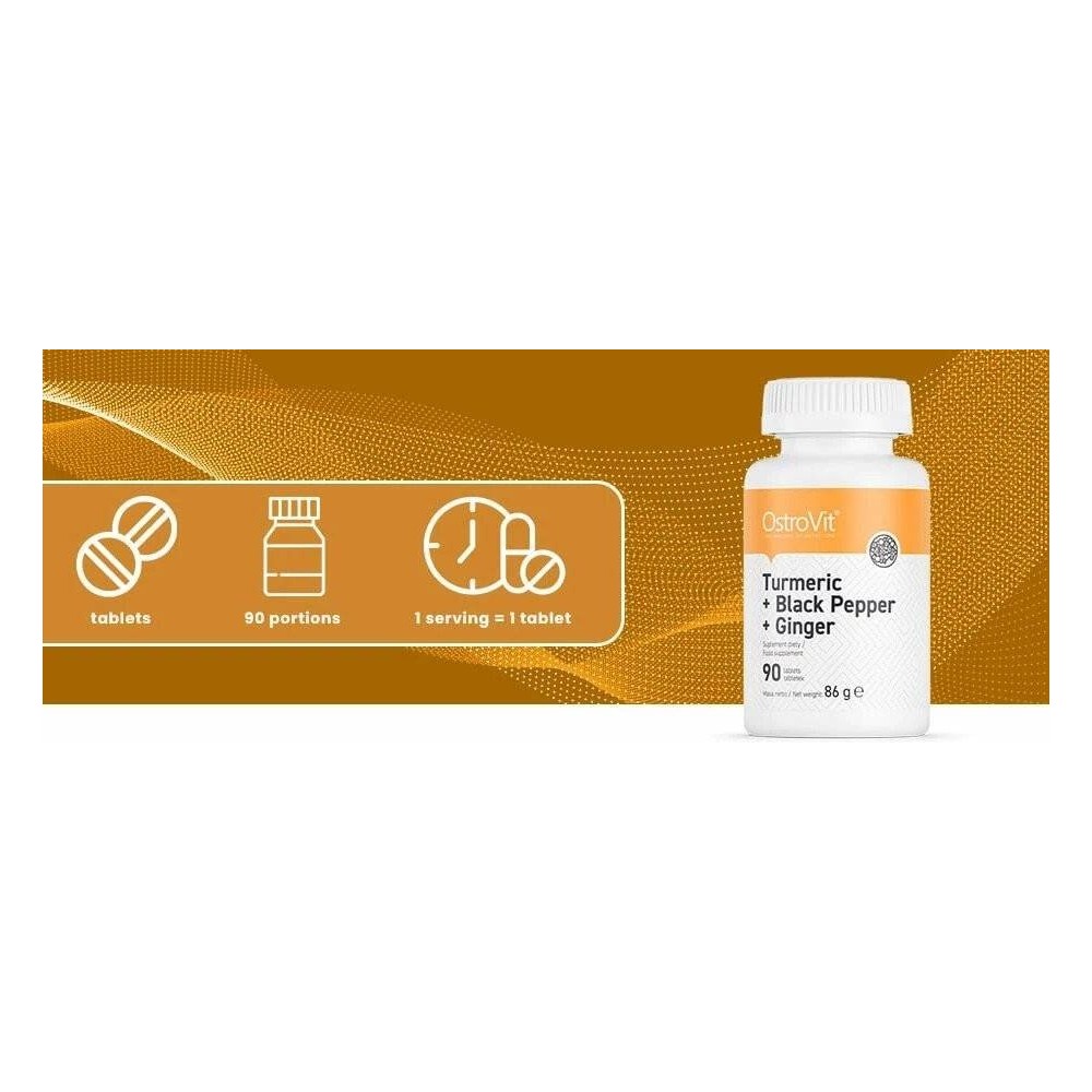 OstroVit Curcuma + Piper negru + Ghimbir 90 Tablete Proprietati OstroVit Turmeric + Piper negru + Ghimbir: Poate ajuta la accele