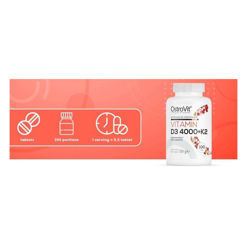 Vitamina D3 4000 ui + K2 100 mcg 100 Tablete, OstroVit VITAMINA D3 4000 ui + K2 beneficii: creste mineralizarea oaselor si a din