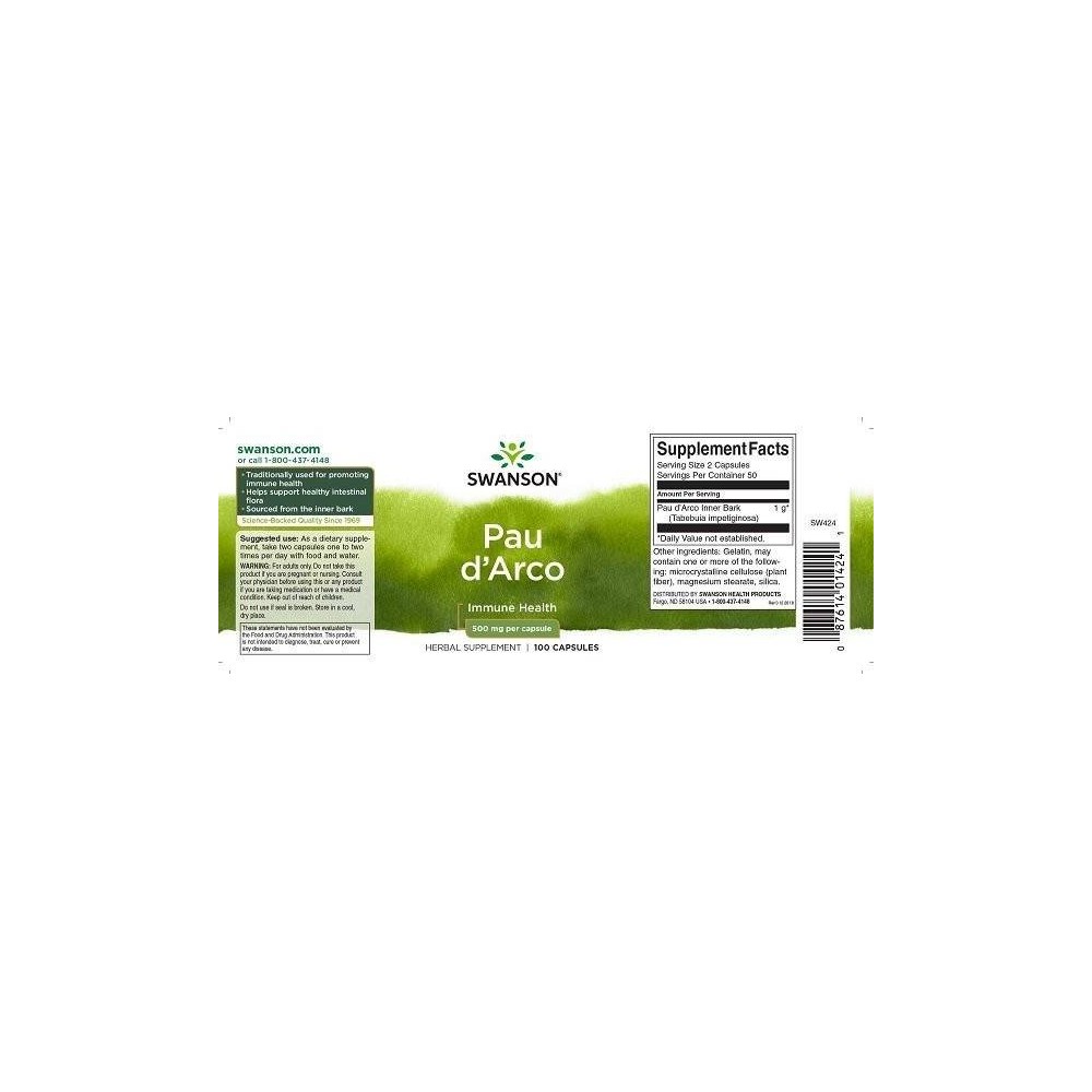 Swanson Pau D'Arco 500 mg 100 Capsule Beneficii Pau d'Arco: poate ajuta la îmbunătățirea sănătății respiratorii, ajută la amelio