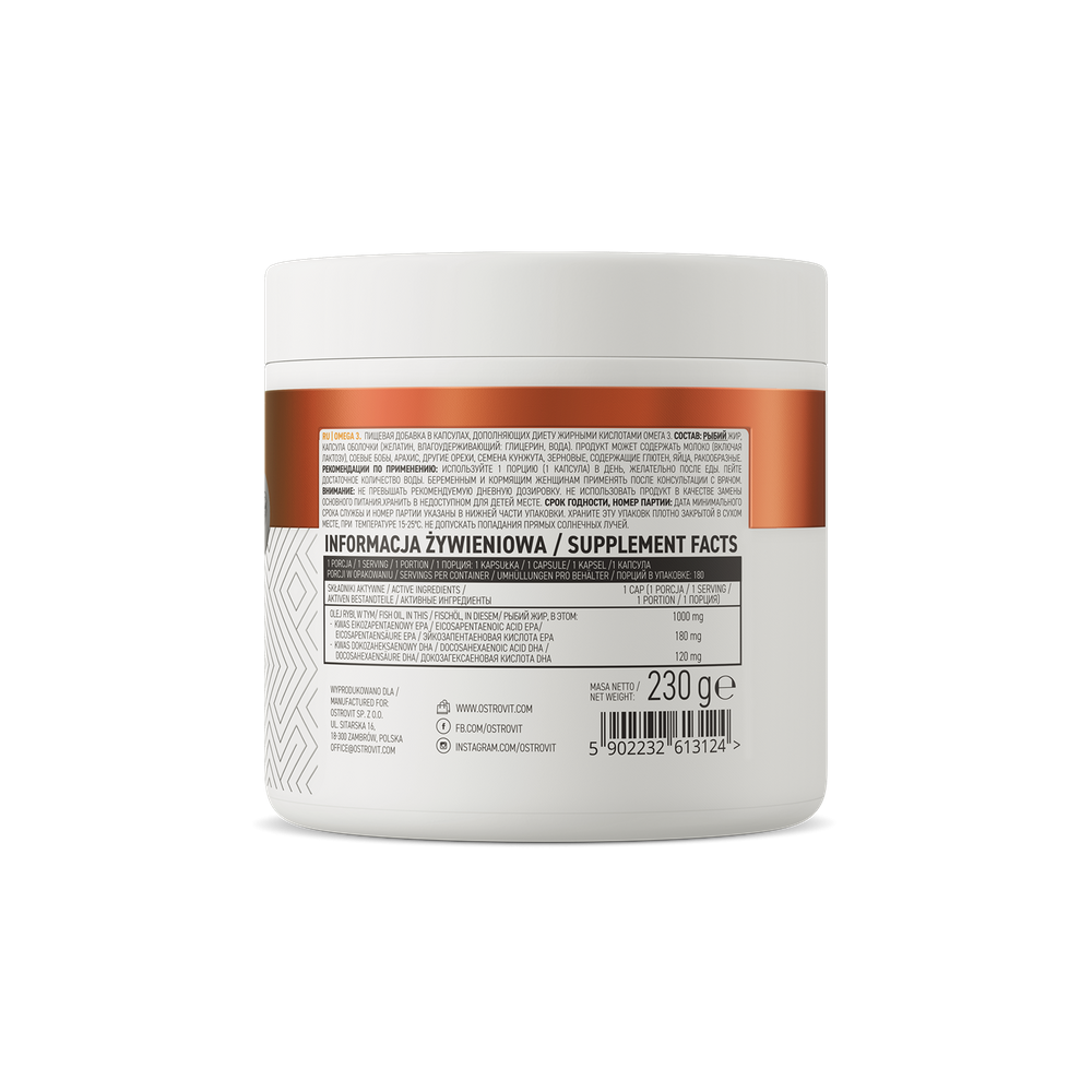 Omega 3 1000mg 180 Capsule, OstroVit Omega 3 ulei de peste beneficii: ofera un raport de 3:2 bazat pe dovezi de EPA:DHA, promove