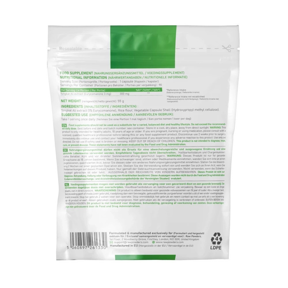 Tongkat Ali Extract (1% Eurycomanone) 90 Capsule, Raw Powders Tongkat Ali Extract beneficii: creste libidoul natural, creste dor