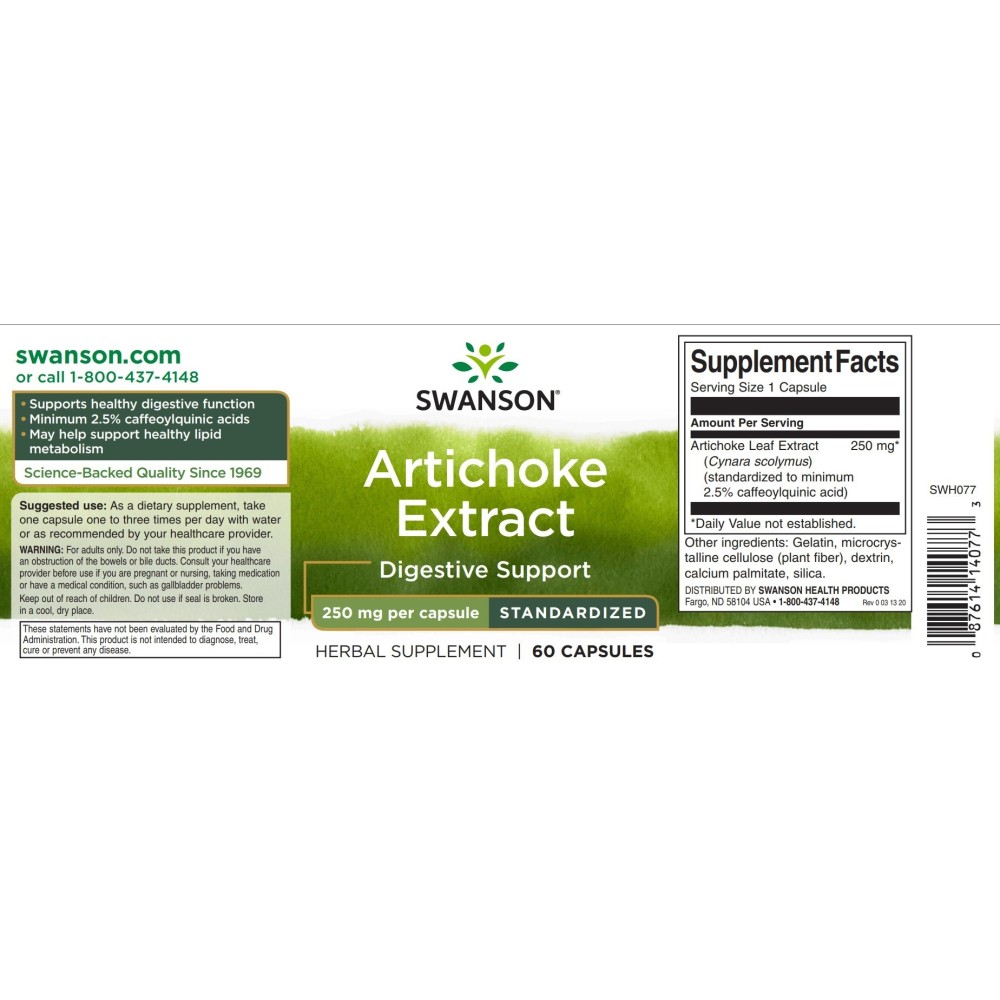 Artichoke Anghinare Extract 250mg 60 Capsule, Swanson Beneficii Anghinare: imbuntateste sanatatea inimii, regleaza tensiunea art