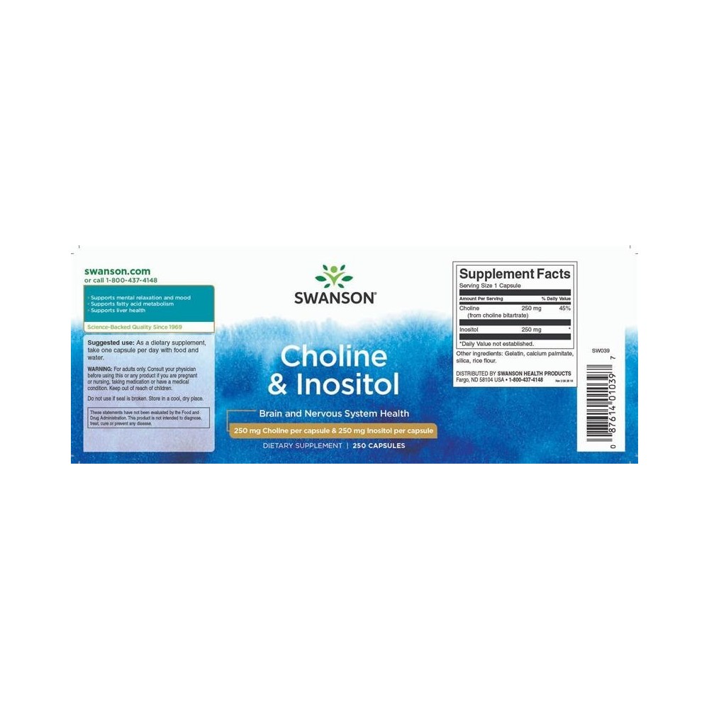 Choline & Inositol 250 Capsule Swanson Choline + Inositol beneficii: sustine functionarea sistemului nervos, participa la metabo