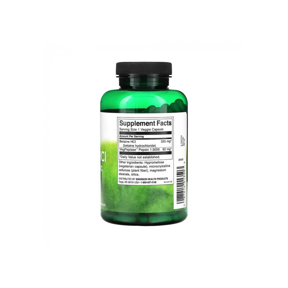Betaine HCl + Pepsin, 250 Capsule Swanson Beneficii Betaine HCL: sustine procesul digestiv, ajuta la indigestie si balonare, opt