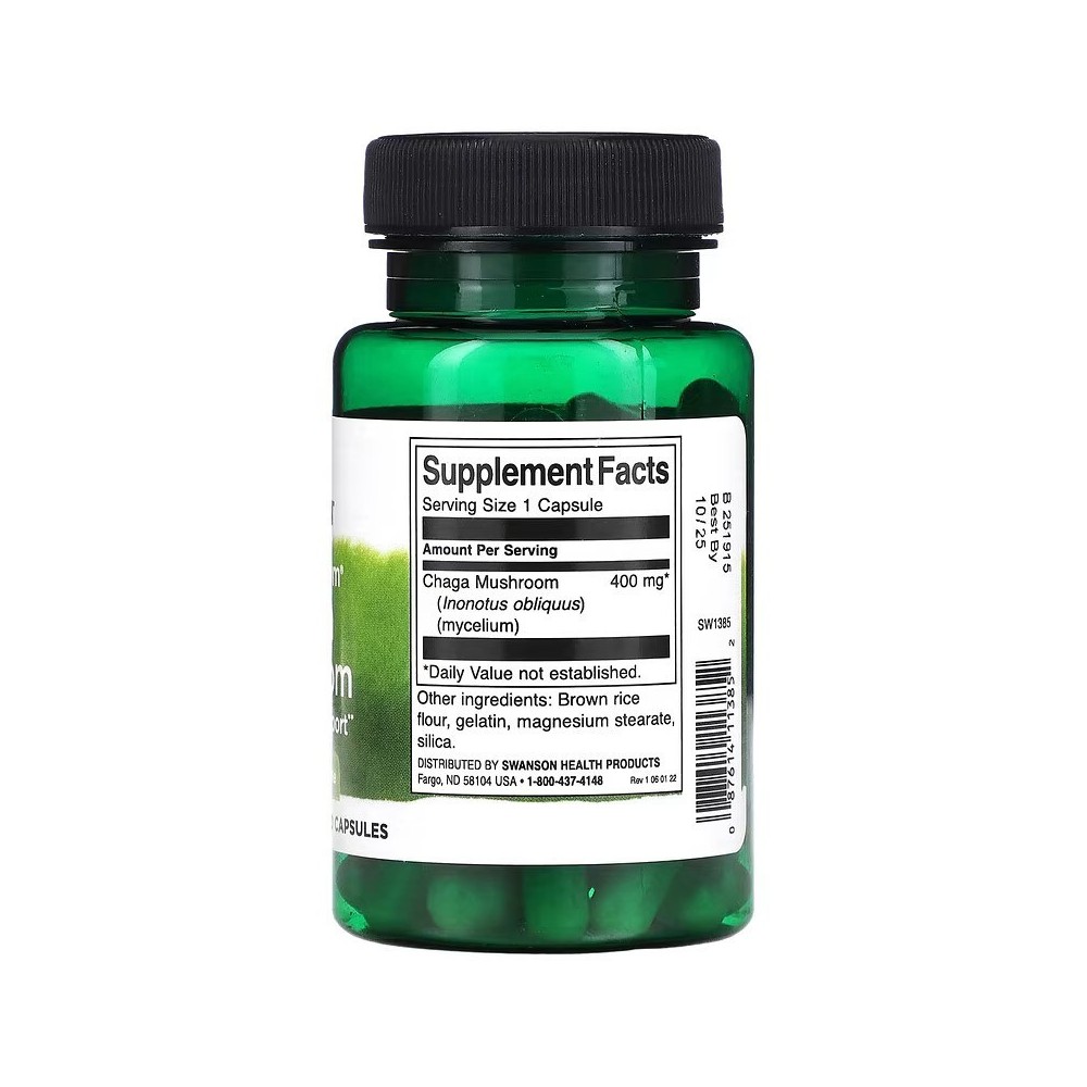 Full Spectrum Chaga Mushroom 400mg 60 Capsule Swanson Chaga Extract este un supliment alimentar pe baza de ciuperci care ofera o