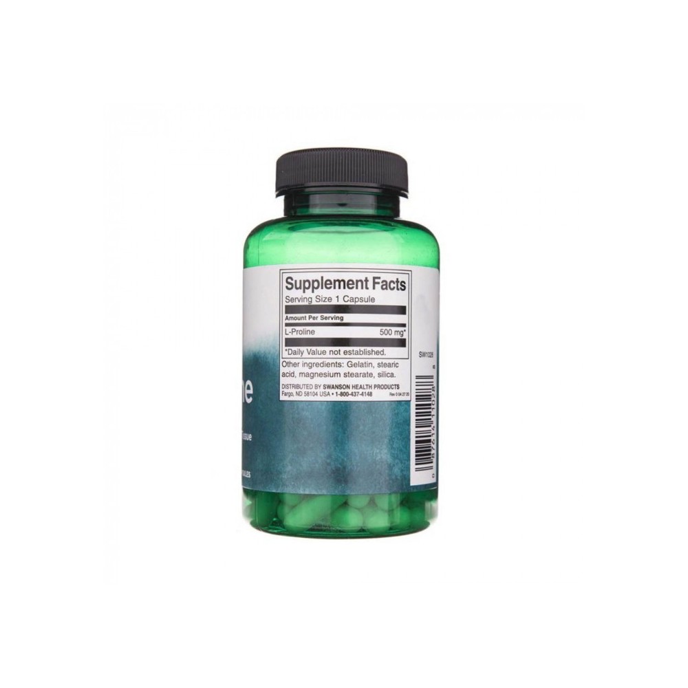 L-Proline 500mg 100 Capsule Swanson L-prolina este un aminoacid cu un rol important ca fundament in sintetizarea colagenului. L-