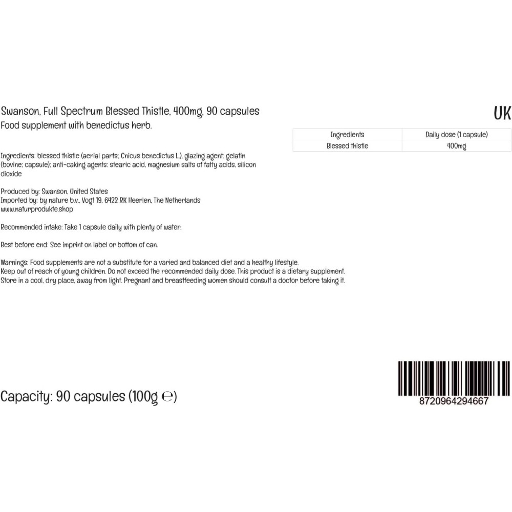 Full Spectrum Blessed Thistle (Schinel) 400mg 90 Capsule Swanson Beneficii Schinel: afectiuni hepatice, afectiuni biliare, afect