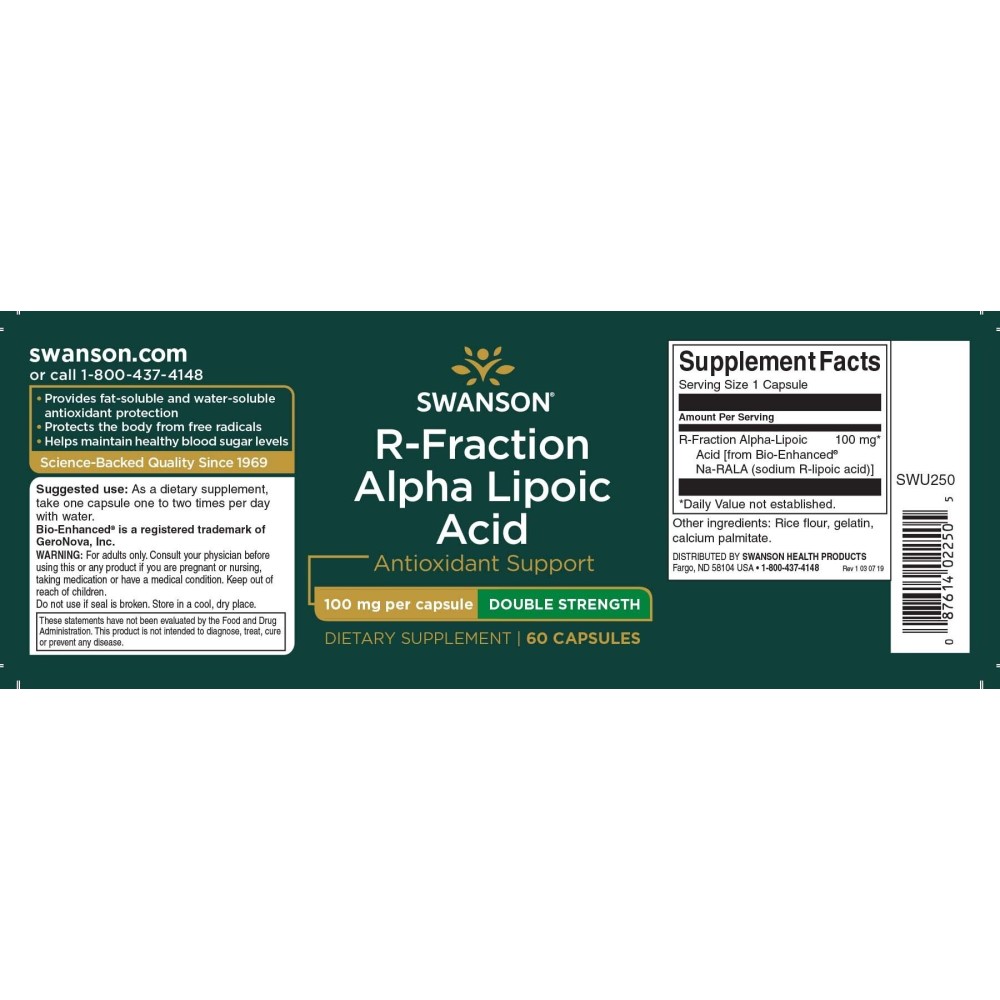 R-Fraction Alpha Lipoic Acid 100mg 60 Capsule Swanson Acidul alfa-lipoic este un cofactor important în mai multe reacții metabol