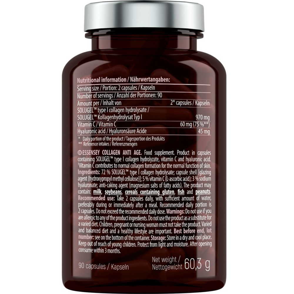 Colagen Anti Age + Acid Haluronic + Vitamina C 90 Capsule, Essensey Suplimentul alimentar ESSENSEY Collagen Anti Age sub formă d