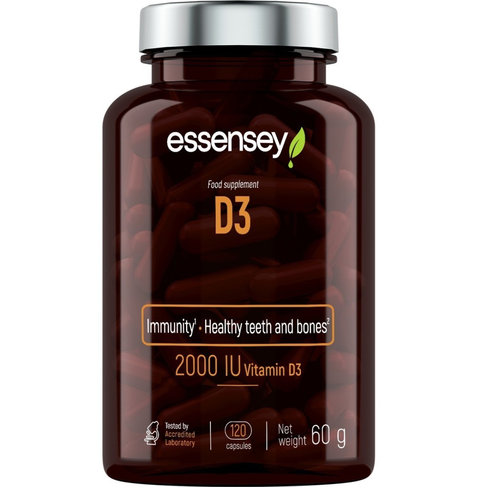 Vitamin D3 2000 IU 120 Capsule, Essensey Suplimentul alimentar D3 conține vitamina D3, care susține imunitatea organismului și a Vitamin D3 2000 IU 120 Capsule, Essensey Suplimentul alimentar D3 conține vitamina D3, care susține imunitatea organismului și a