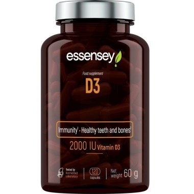 Vitamin D3 2000 IU 120 Capsule, Essensey Suplimentul alimentar D3 conține vitamina D3, care susține imunitatea organismului și a