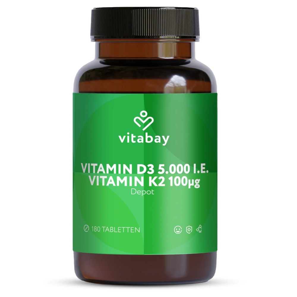 Vitamin D3 Depot 5000 IU + Vitamin K2 100mcg - 180 Tablete vegane, Vitabay Vitamina D3 K2 - 100% vegană: Formula noastră Depot o Vitamin D3 Depot 5000 IU + Vitamin K2 100mcg - 180 Tablete vegane, Vitabay Vitamina D3 K2 - 100% vegană: Formula noastră Depot o