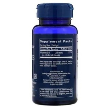 Vitamina D3 1.000 UI 250 Capsule moi, Life Extension Efectul vitaminei D3 joacă un rol important în întreținerea oaselor. Este r