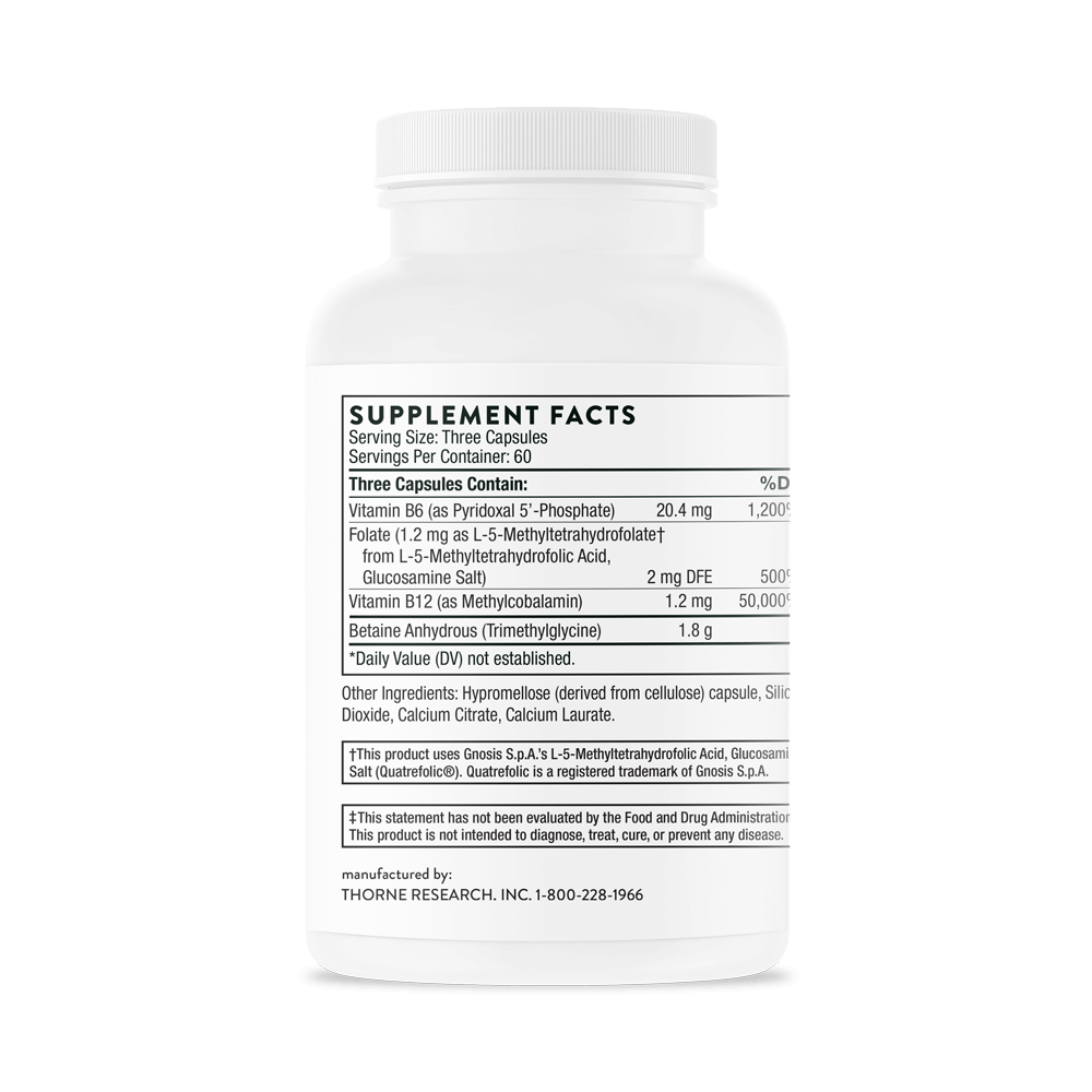 Methyl-Guard® - Betaina + Folate + B6 + B12, 180 Capsule, Thorne Research Menținerea unui nivel normal de homocisteină în sângel