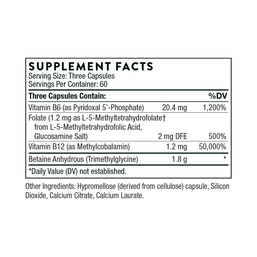 Methyl-Guard® - Betaina + Folate + B6 + B12, 180 Capsule, Thorne Research Menținerea unui nivel normal de homocisteină în sângel