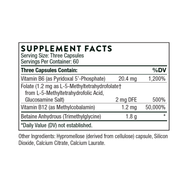 Methyl-Guard® - Betaina + Folate + B6 + B12, 180 Capsule, Thorne Research Menținerea unui nivel normal de homocisteină în sângel
