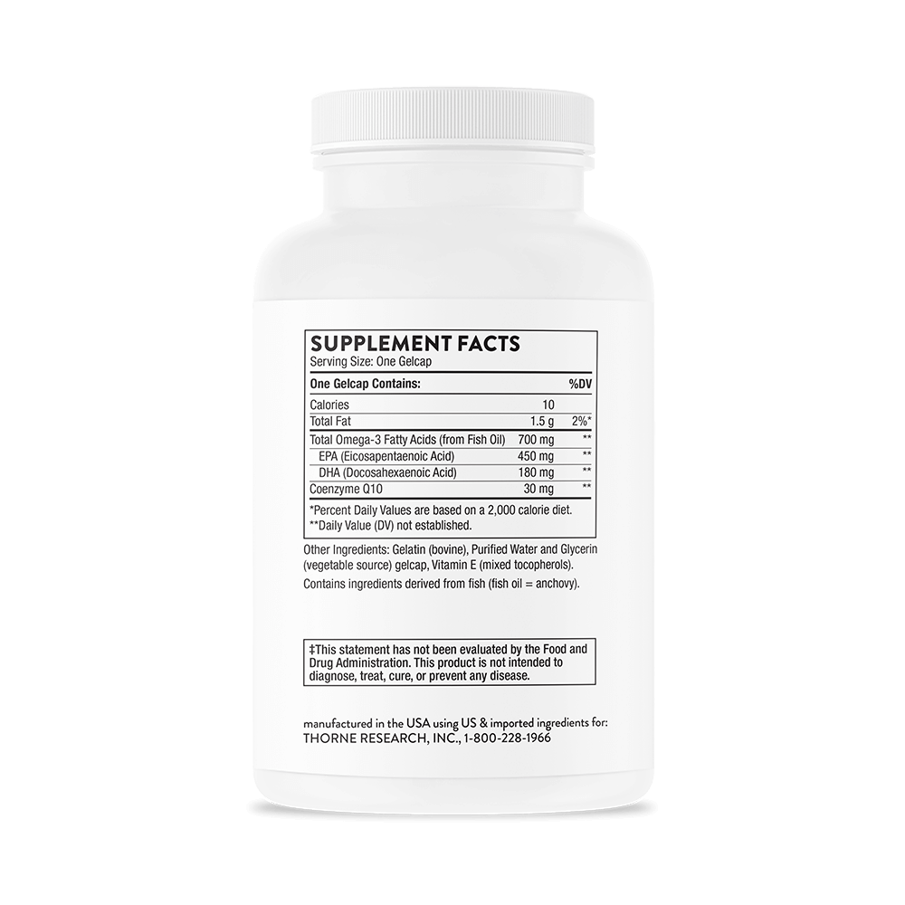 Omega 3 + Coenzyme Q10 90 Capsule, Thorne Research Omega-3 de la Thorne cu CoQ10 conține cei mai importanți doi acizi grași omeg