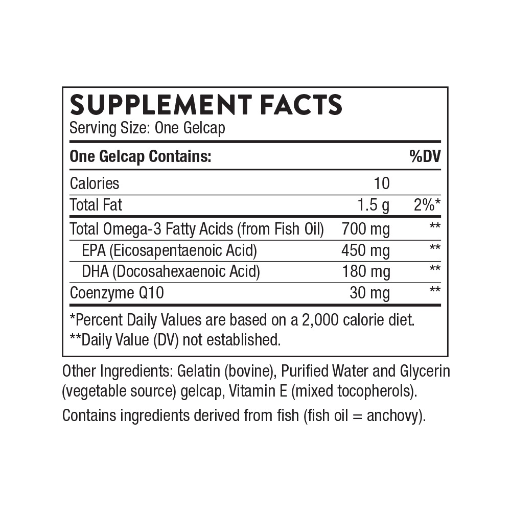 Omega 3 + Coenzyme Q10 90 Capsule, Thorne Research Omega-3 de la Thorne cu CoQ10 conține cei mai importanți doi acizi grași omeg