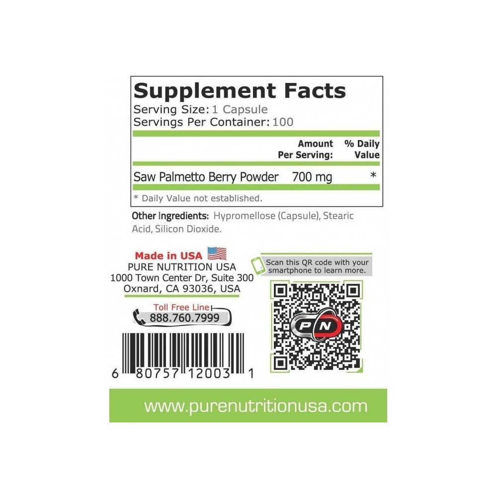 Pure Nutrition USA Saw Palmetto 700 mg 100 Capsule, pentru prostata Beneficii Saw Palmetto: diminueaza hiperplazia benigna de pr