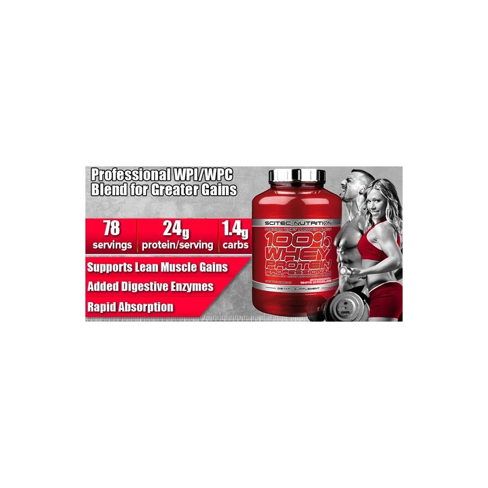 Scitec 100% Whey Professional 2.35 kg (Proteina din zer) Beneficii 100% Whey Protein Professional: 100% din proteina de zer, aju