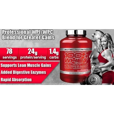Scitec 100% Whey Professional 2.35 kg (Proteina din zer) Beneficii 100% Whey Protein Professional: 100% din proteina de zer, aju
