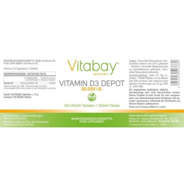 Vitamina D3 - 20.000 UI - 120 Tablete vegan, Vitabay Vitamina D3 20.000 ui beneficii: ajuta la mentinerea sanatatii oaselor, sup