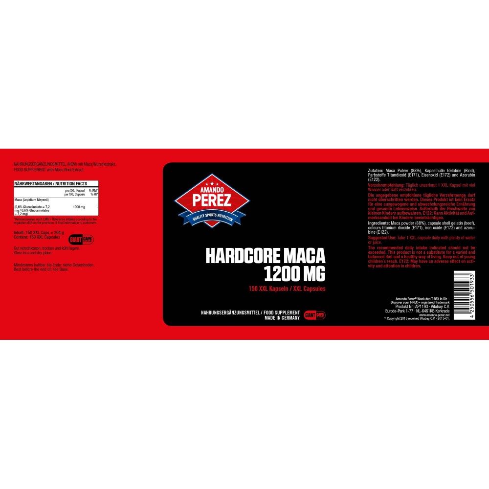 Amando Perez Hardcore Maca - 1.200 mg - 150 Capsule gigant Intr-o singura capsula de "Hardcore Maca" de la Amando Perez, organis