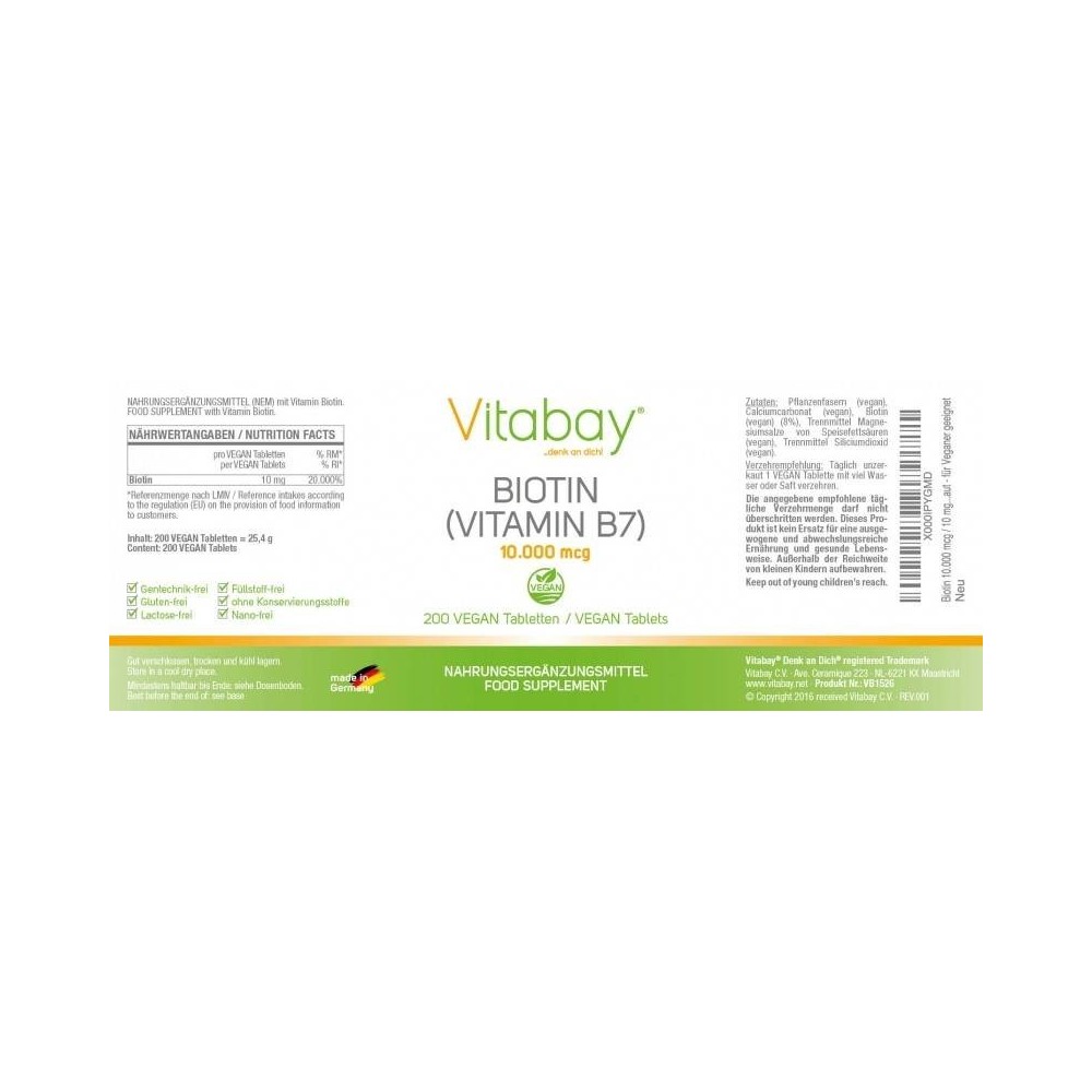 Biotina 10.000 mcg - 10 mg - 200 Tablete, Vitabay Biotina 10.000 beneficii: promoveaza sanatatea pielii, parului si a unghiilor,
