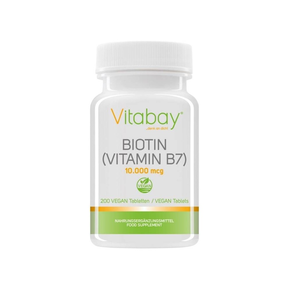 Biotina 10.000 mcg - 10 mg - 200 Tablete, Vitabay Biotina 10.000 beneficii: promoveaza sanatatea pielii, parului si a unghiilor,