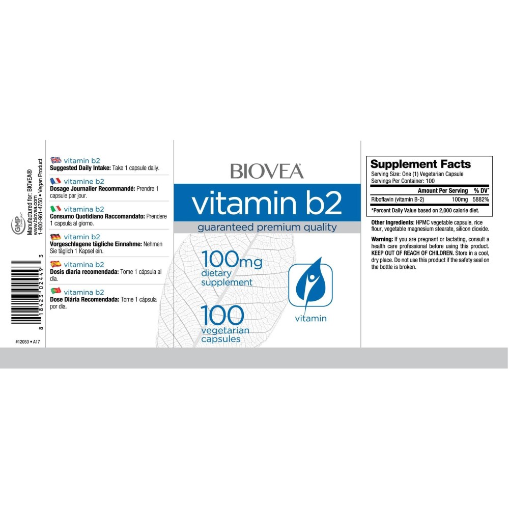 Biovea VITAMINA B2, 100mg, 100 Capsule Beneficii Vitamina B2: conversia proteinelor în energie, ajuta la evitarea radicalilor li