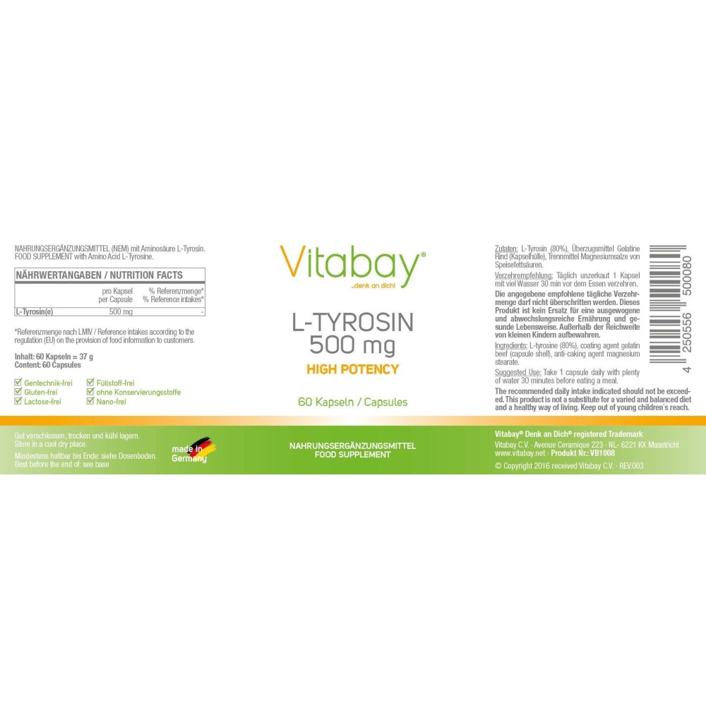 Vitabay L-Tyrosine (L-Tirozina), 500 mg, 60 Capsule Beneficii L-TYROSINE: stimulează eliberarea hormonului de creștere care dete