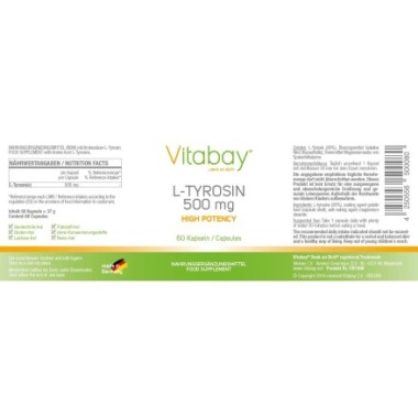 Vitabay L-Tyrosine (L-Tirozina), 500 mg, 60 Capsule Beneficii L-TYROSINE: stimulează eliberarea hormonului de creștere care dete