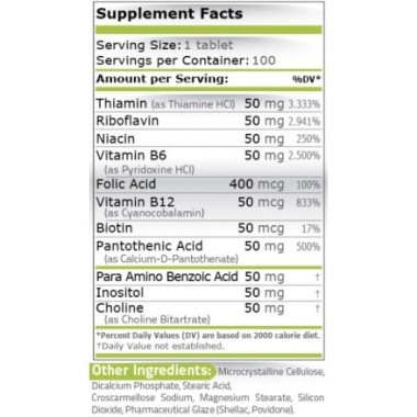 Pure Nutrition USA B Complex, Complex B-50, 100 tablete Beneficii B Complex: creste energia, vitalitatea si forta, ajuta la prod
