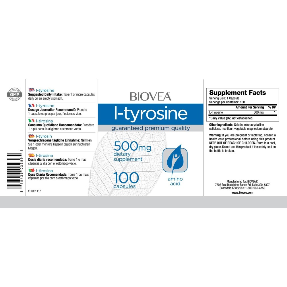 Biovea L-Tyrosine 500mg 100 Capsule (L-Tirozina) Beneficii L-TYROSINE: stimulează eliberarea hormonului de creștere care determi