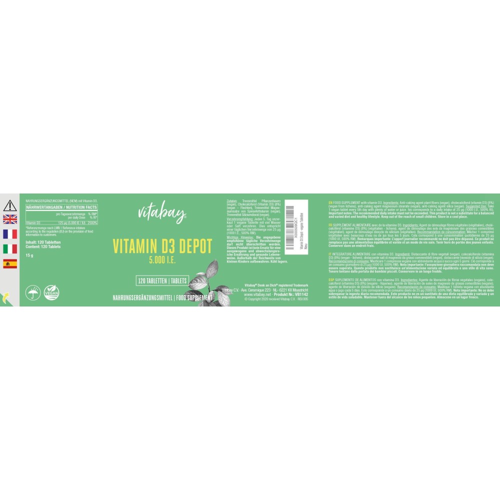 Vitabay Vitamina D3 - 5.000 UI - 120 Tablete Beneficii Vitamina D3: ajuta la mentinerea sanatatii oaselor, suport pentru sistemu
