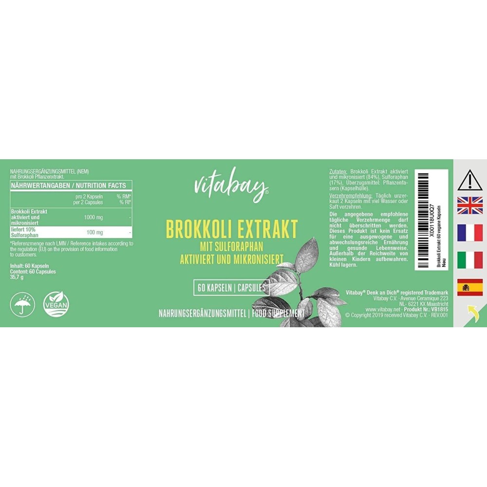 Vitabay Extract de broccoli cu sulforafan - 60 capsule Vegan Broccoli este bogat în minerale și oligoelemente precum potasiu, ca