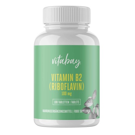 Vitabay Vitamina B2 (Riboflavina) 100 mg 100 Tablete Vegan Beneficii Vitamina B2: ajută la reducerea oboselii și epuizarii, func
