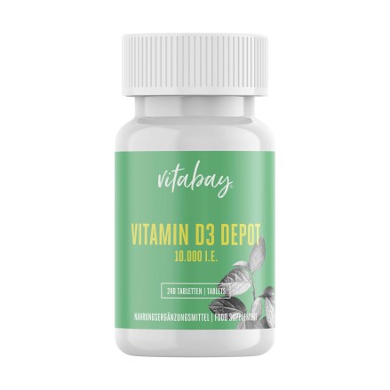 Vitabay Vitamina D3 - 10.000 UI - 240 Tablete vegane Beneficii Vitamina D3: ajuta la mentinerea sanatatii oaselor, suport pentru