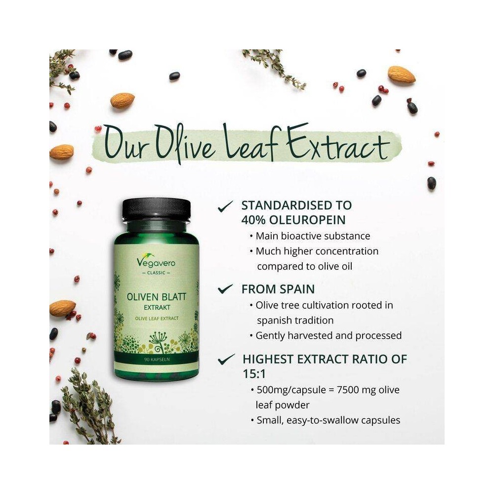 Vegavero Olive Leaf Extract (40% Oleuropein) Frunze de maslin Bio 90 Capsule Consumul regulat al suplimentului nostru Olive Leaf