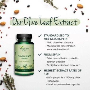 Vegavero Olive Leaf Extract (40% Oleuropein) Frunze de maslin Bio 90 Capsule Consumul regulat al suplimentului nostru Olive Leaf