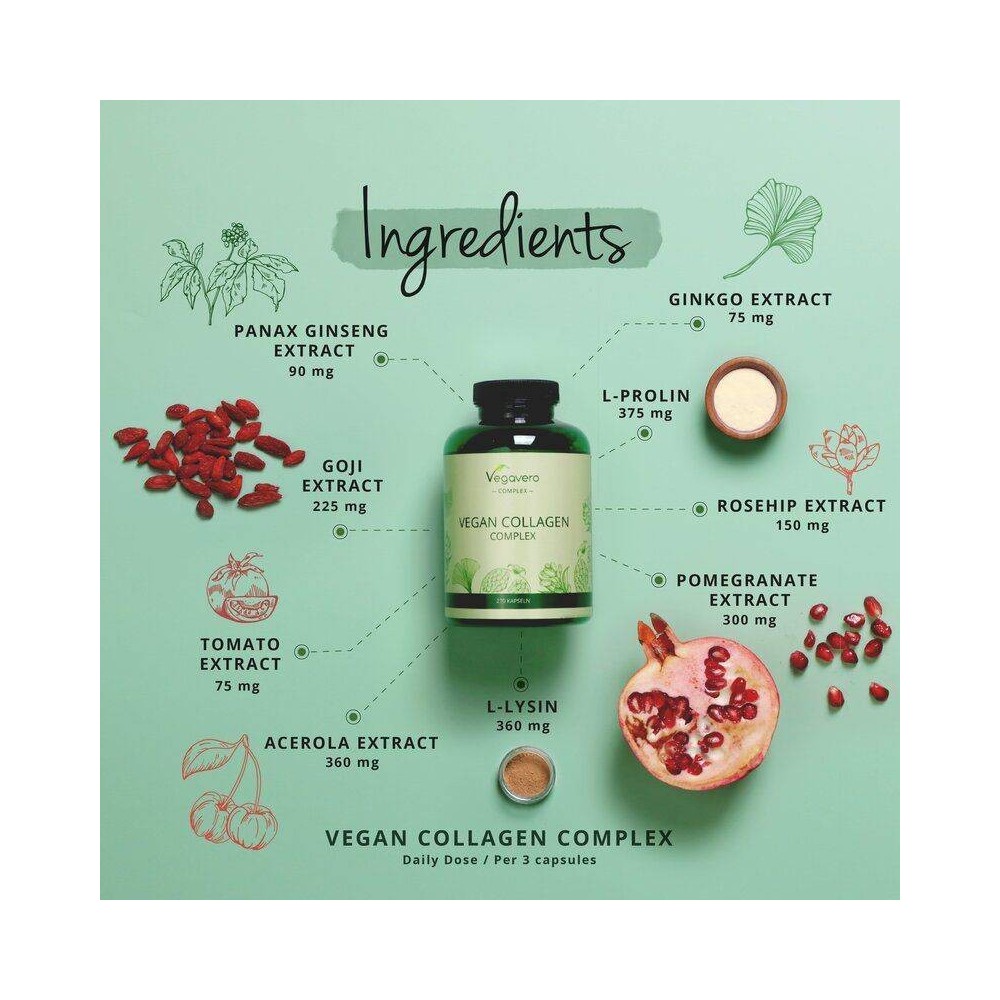 Colagen Vegan 270 Capsule, Vegavero Colagen vegan beneficii 100% vegan - nu este din substanțe de origine animala. Contine L-Liz
