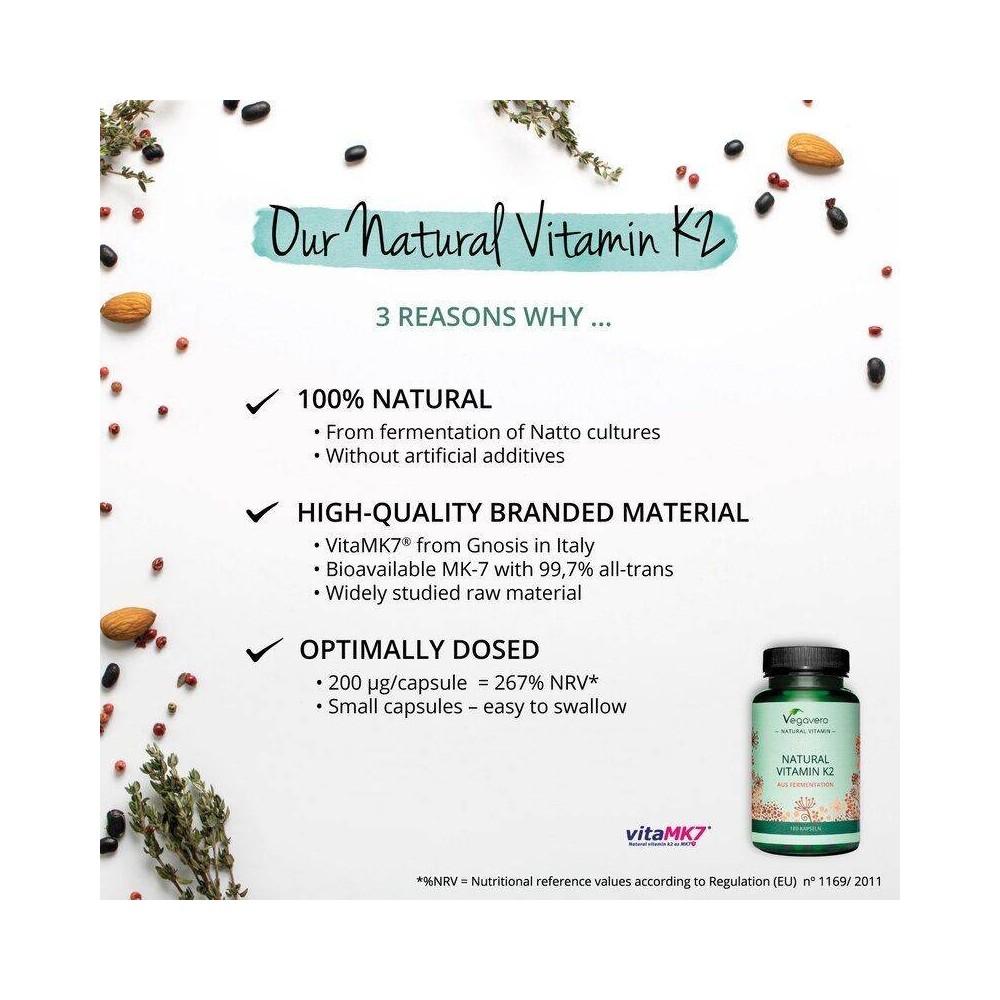 Vegavero Vitamina K2 naturala, MK7, 180 Capsule Beneficii Vitamina K2: este benefica in ameliorarea bolilor de inima, intareste 