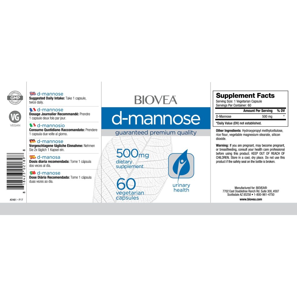 Biovea D-MANNOSE (D-Manoza) 500mg 60 Capsule Beneficii D-Mannose: mentinerea eficientei antibioticelor impotriva infectiilor, ma