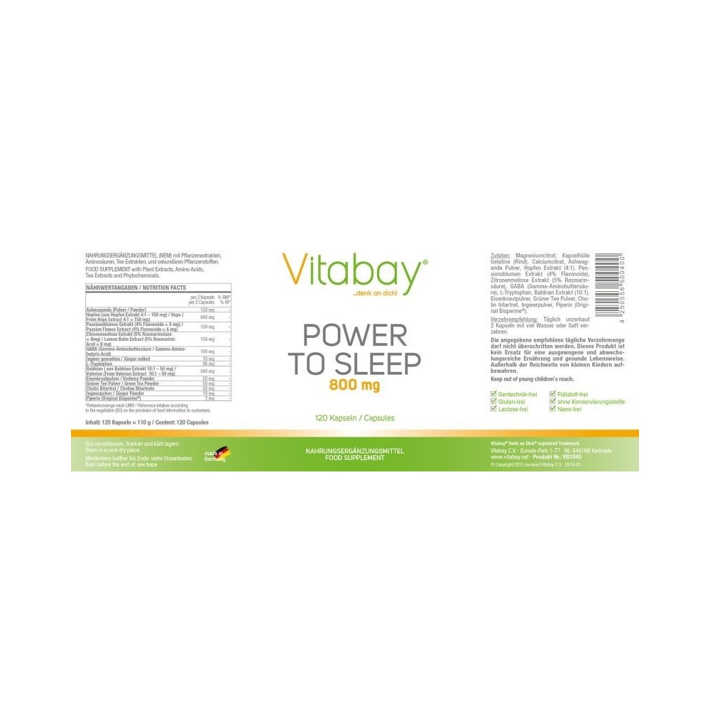 Vitabay Power to Sleep - 800 mg - 120 Capsule Beneficii Power to Sleep: imbunatateste calitatea somnului, ajuta la tratarea tulb