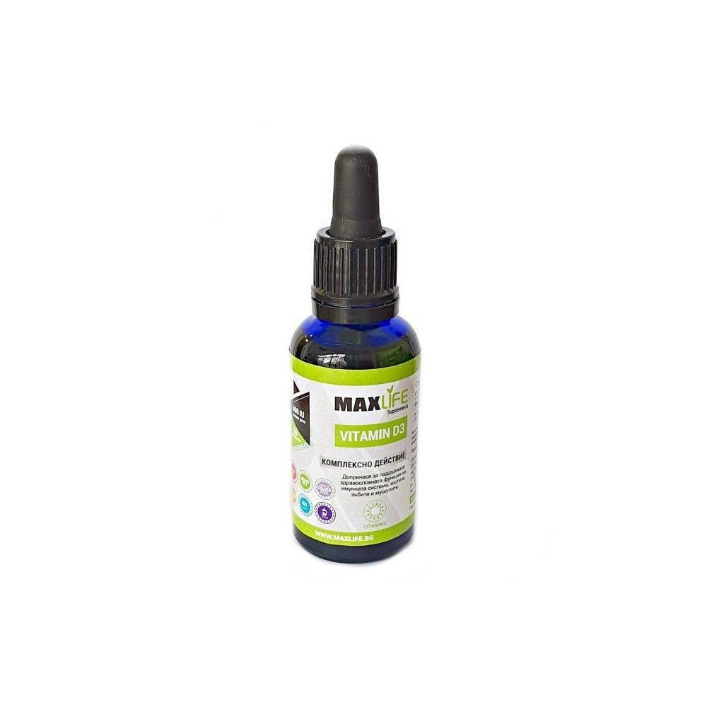 MAXLife VITAMINA D3 picaturi 400IU 30ml Beneficii VITAMINA D3: contribuie la fixarea calciului in oase, scade riscul de aparitie MAXLife VITAMINA D3 picaturi 400IU 30ml Beneficii VITAMINA D3: contribuie la fixarea calciului in oase, scade riscul de aparitie