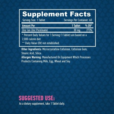 Picolinat de Zinc 30 mg, 60 Capsule, Contribuie la mentinerea metabolismului normal al acizilor grasi Beneficii Zinc Picolinate: