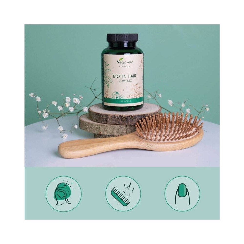Vegavero Biotin Hair Complex, 120 Capsule (Reduce caderea parului) Beneficii Biotina: asigura o biodisponibilitate ridicata a nu