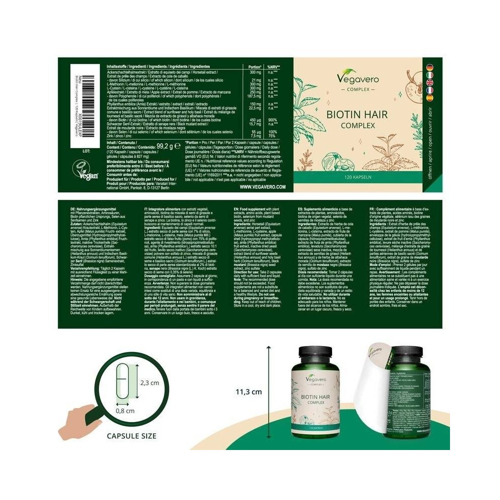 Vegavero Biotin Hair Complex, 120 Capsule (Reduce caderea parului) Beneficii Biotina: asigura o biodisponibilitate ridicata a nu