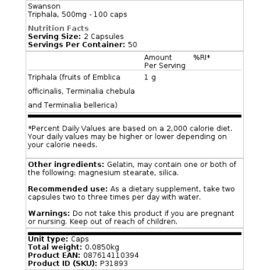 Swanson Triphala, 500mg 100 Capsule Beneficii Triphala: va poate ajuta sa pierdeti in greutate, poate reduce inflamatia din orga