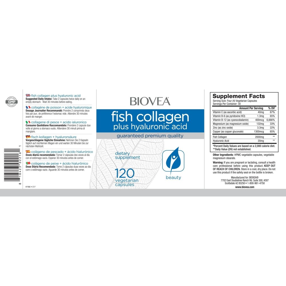Colagen marin + Acid Hialuronic + Magneziu + Vitaminele C, B6, B12, 120 Capsule, Biovea Colagen marin plus Acid Hialuronic: refa